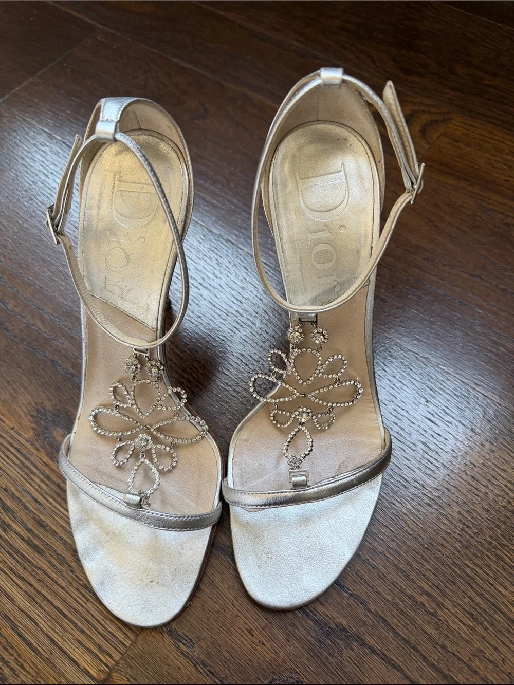 CHRISTIAN DIOR VTG Archival Silver T-Strap Sandal Heels Crystal Motif Size 38 8